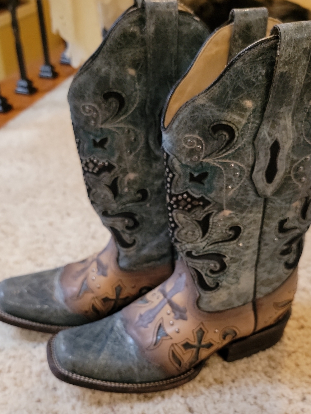Corral  Embellished Two-Tone Western Cowboy Boots With Cross- Teal & Tan